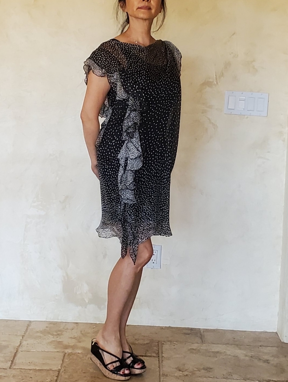 MNM Couture Black and White Polka Ruffle Shift Dress